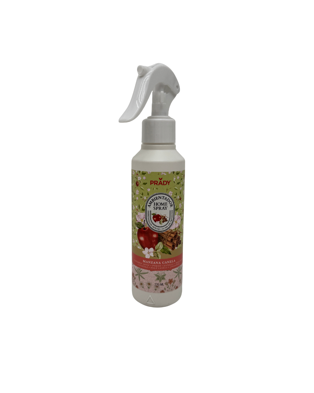 Ambientador en spray de Manzana Canela de Prady Home de 220ml, envase blanco con gatillo pulverizador y etiqueta verde claro ilustrada con manzanas rojas, flores y ramas de canela sobre fondo blanco roto.