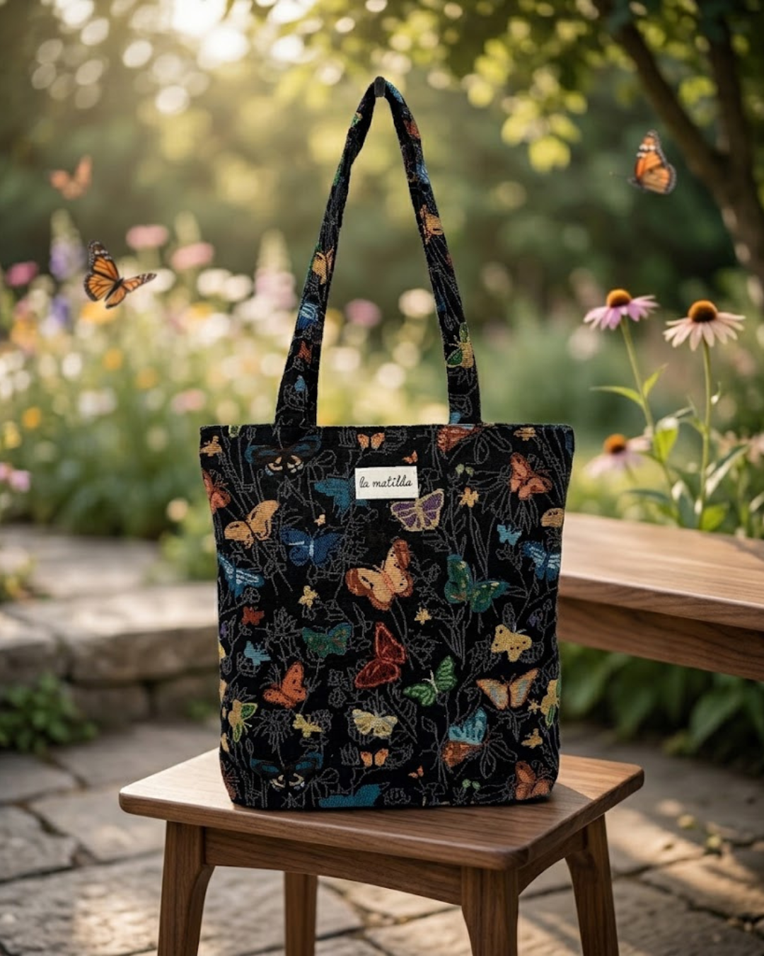 Bolso tote negro estampado mariposas tapiz La Matilda con asas de hombro