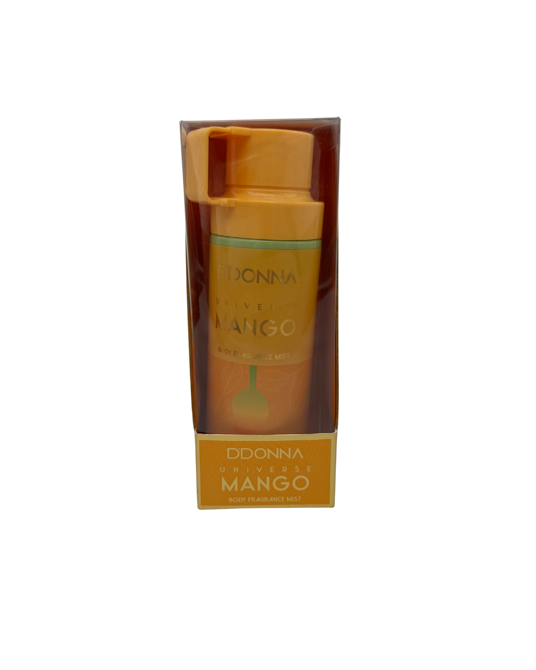 Spray corporal DDonna de Mango con efecto de bruma y vaporera texturizada de fondo para tienda online.