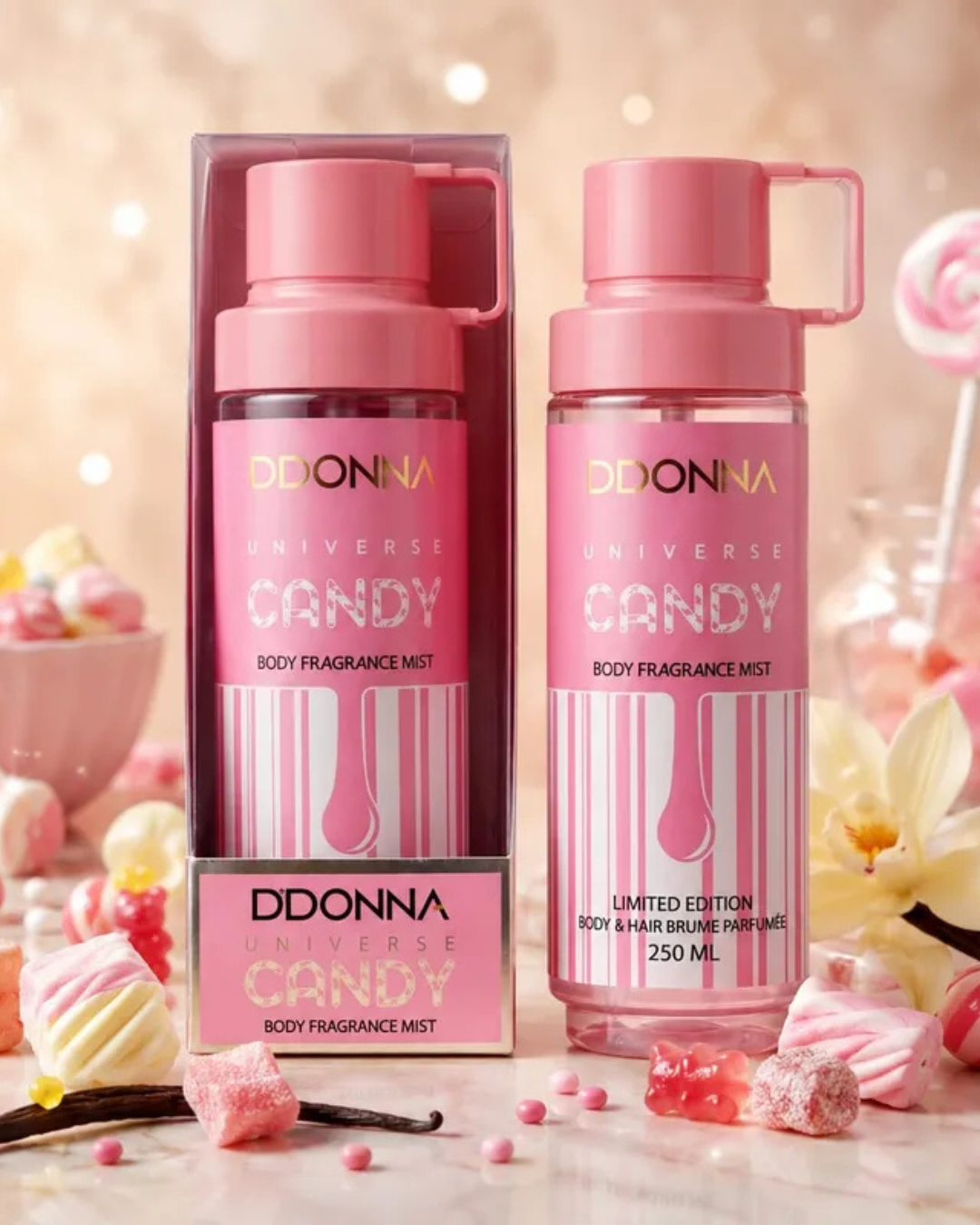 Frasco de bruma para cuerpo y cabello D'Donna Universe Candy de 250ml en envase rosa con detalles de golosinas y nubes de azúcar.