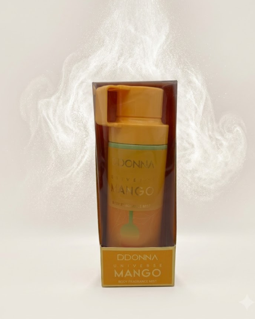 Bote de bruma corporal DDonna Universe Mango Body Fragrance Mist en su caja original sobre fondo blanco.