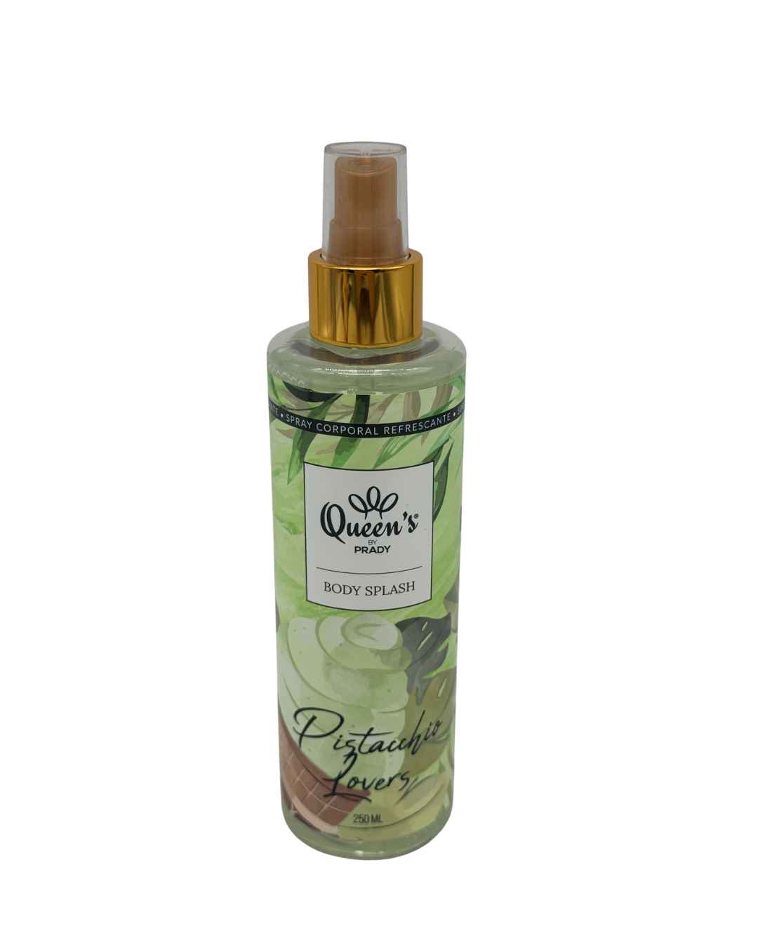 Frasco de spray corporal Queen’s by Prady Pistachio Lovers Body Splash de 250ml con tonos verdes y detalles dorados.