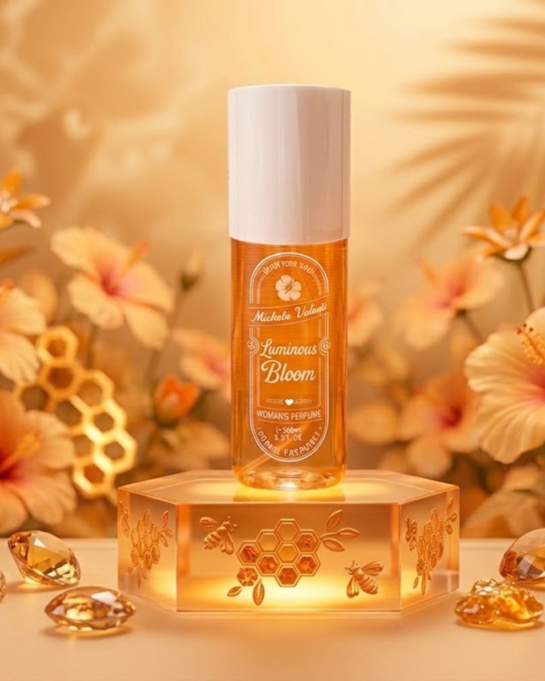Bruma corporal perfumada Luminous Bloom de Michela Valenti de 250ml sobre soporte decorativo con flores y fondo ámbar cálido.