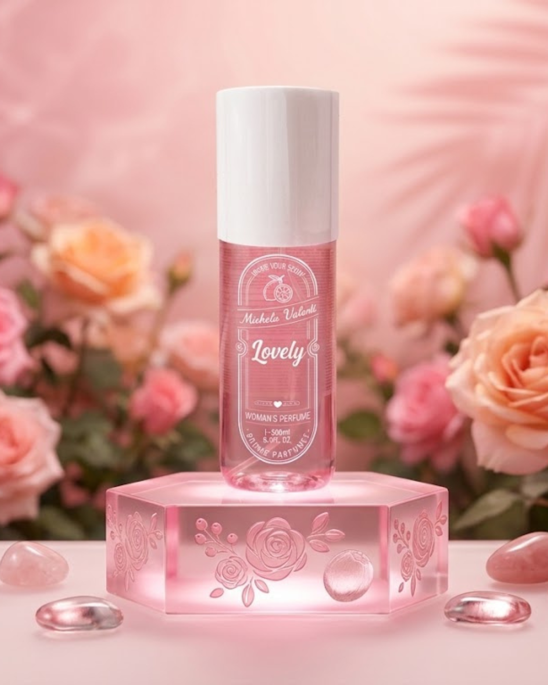 Bruma corporal perfumada Lovely de Michela Valenti de 250ml en peana rosa rodeada de rosas naturales y fondo romántico.