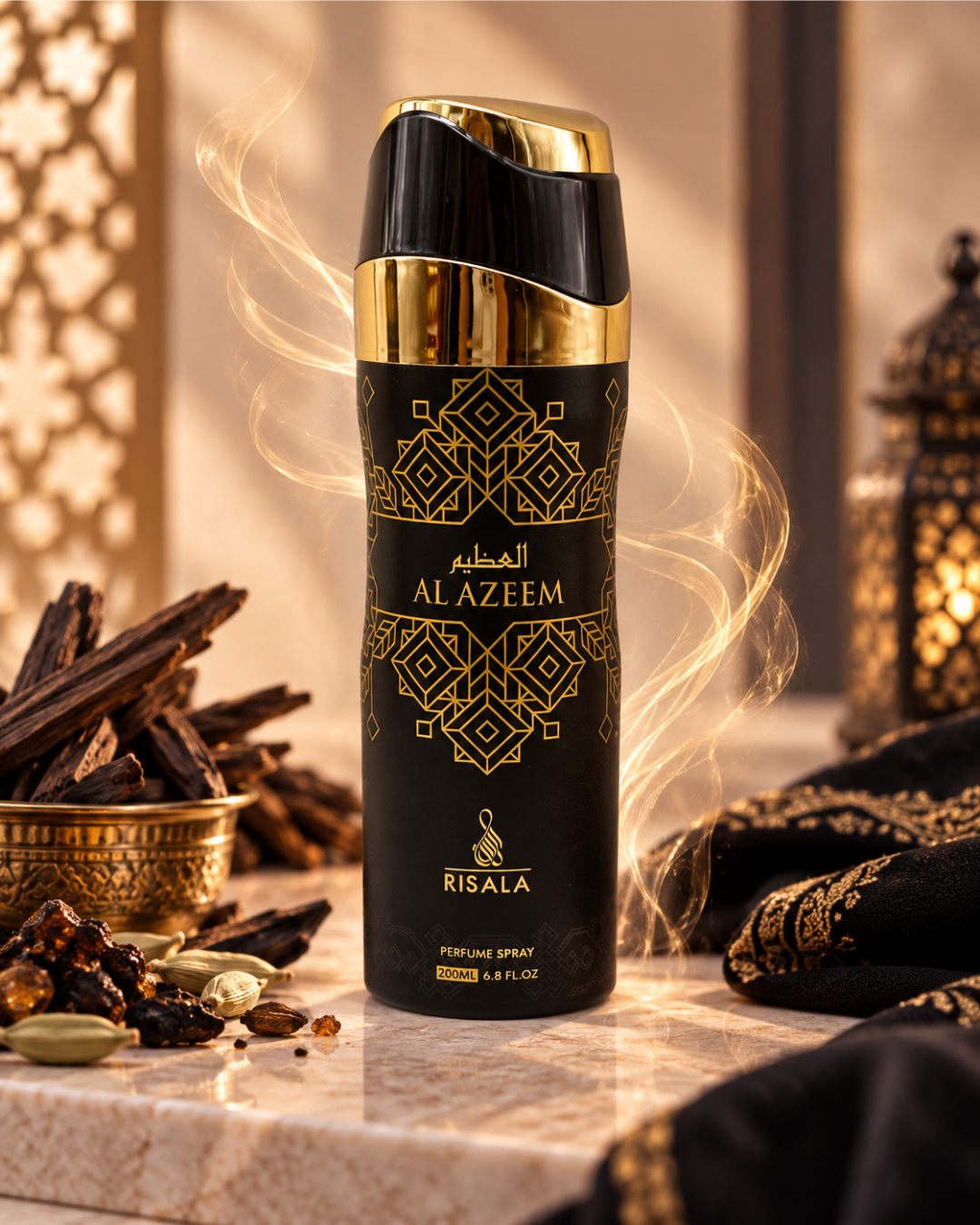 Body Spray Al Azeem de Risala 200 ml, perfume árabe amaderado y especiado en spray negro y dorado