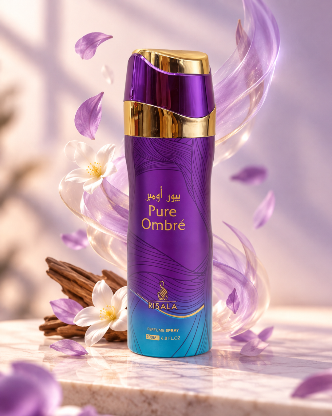 Body Spray Pure Ombré de Risala 200 ml unisex, bruma perfumada árabe dulce, afrutada y avainillada