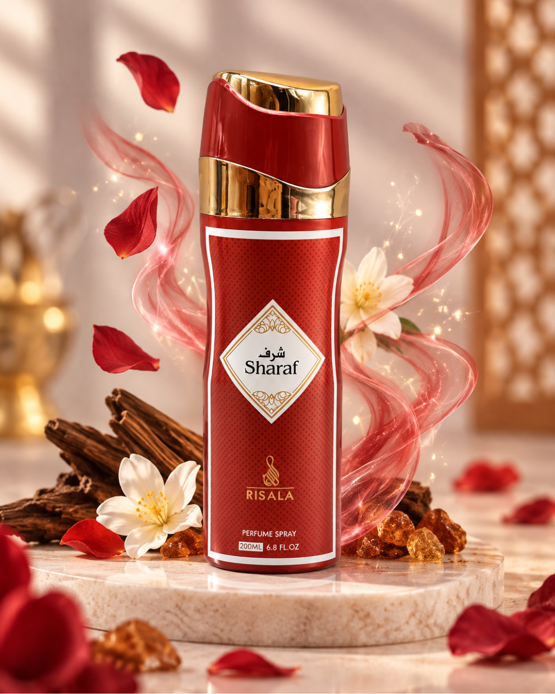 Body Spray Sharaf de Risala 200 ml unisex, bruma perfumada floral y cítrica con mandarina, limón y flores blancas