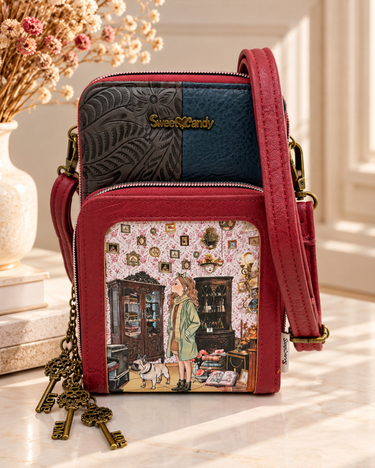 Bolso bandolera Sweet Candy burdeos con estampado vintage, grabado floral, correa larga regulable y colgantes de llaves
Etiquetas para S