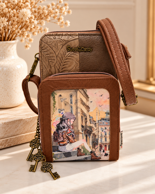 Bolso bandolera Sweet Candy marrón y camel con estampado urbano de chica, grabado floral y correa larga regulable
