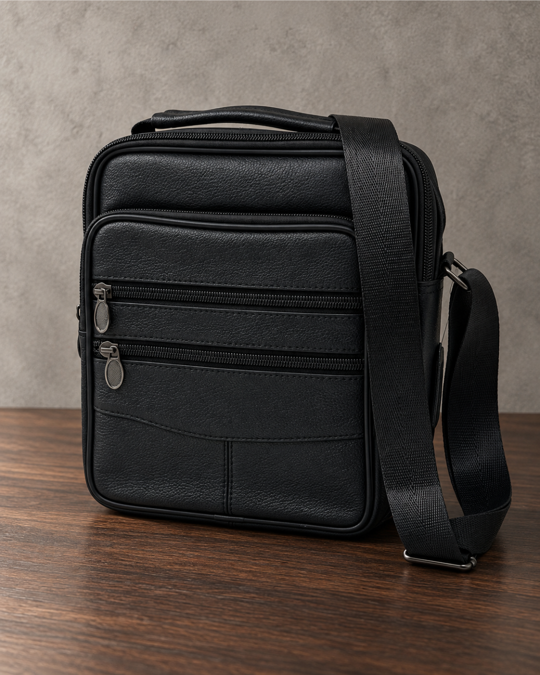 Bolso bandolera negro de hombre con bolsillos delanteros de cremallera, asa superior y correa regulable sobre fondo beige claro.