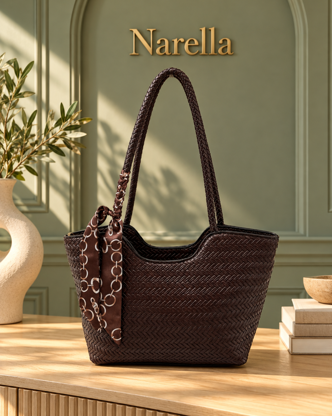 Bolso shopper marrón de mujer con efecto trenzado, asas largas y pañuelo estampado