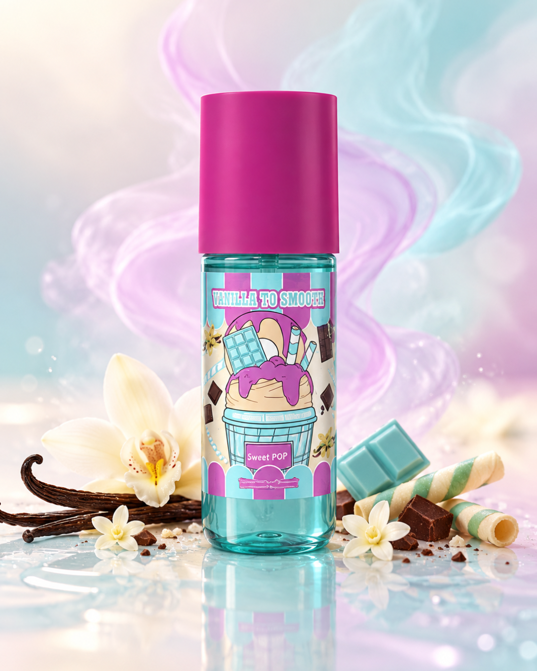 Bruma corporal Vanilla To Smooth Sweet Pop con aroma dulce a vainilla en envase azul y rosa