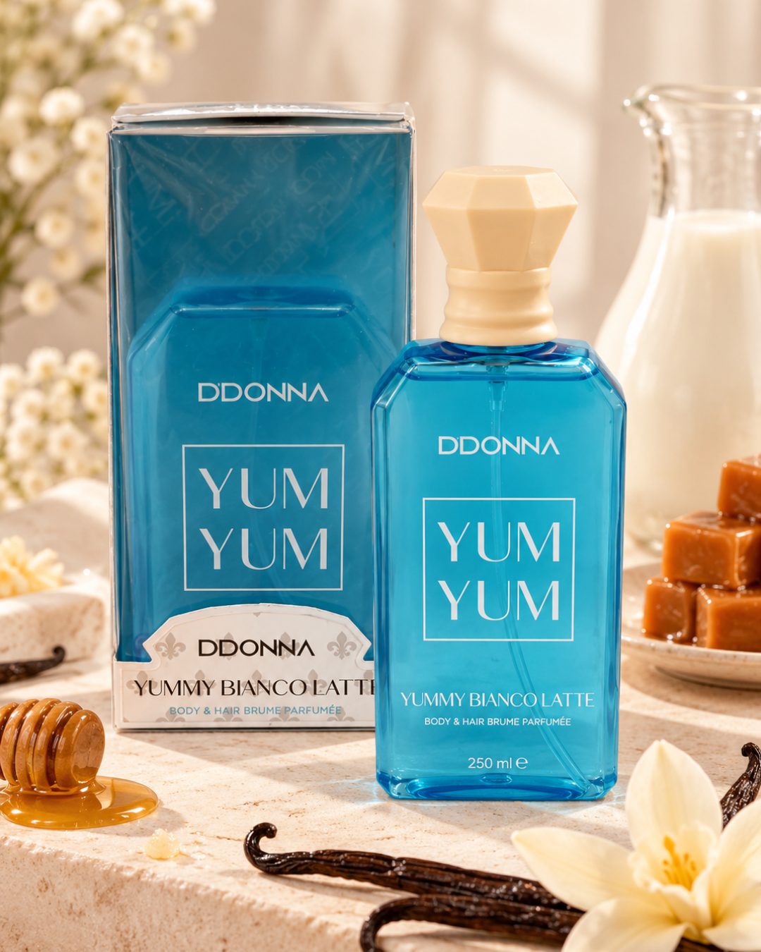 Bruma corporal y cabello D’Donna Yum Yum Yummy Bianco Latte 250 ml con frasco azul y caja
