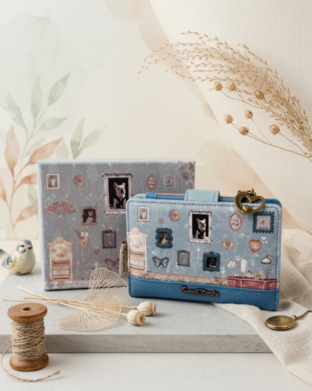 Cartera de mujer Sweet Candy azul empolvado con estampado vintage de bulldog frances y caja de regalo a juego sobre fondo decorativo