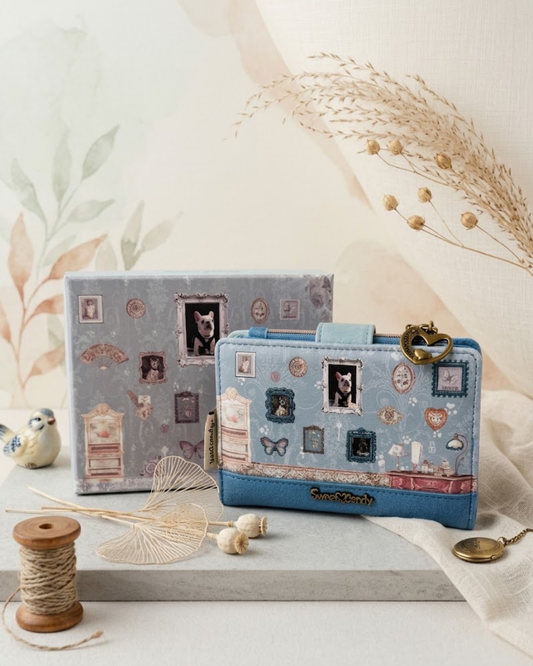 Cartera de mujer Sweet Candy azul empolvado con estampado vintage de bulldog frances y caja de regalo a juego sobre fondo decorativo