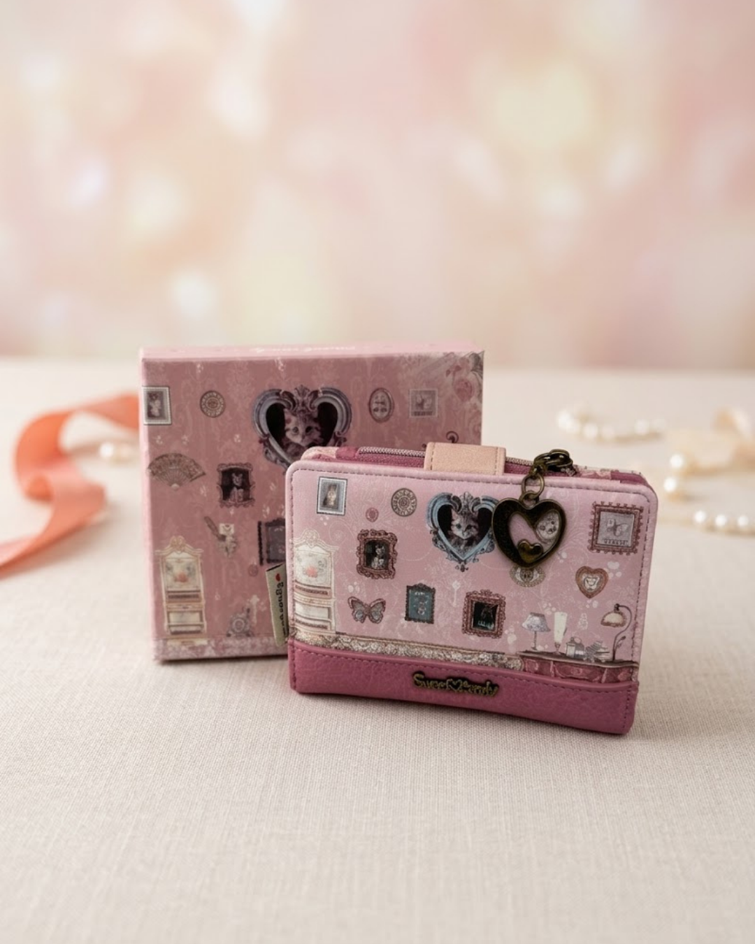 Cartera de mujer Sweet Candy rosa vintage con estampado de gatitos y tirador de corazon sobre fondo sutil junto a su caja de regalo