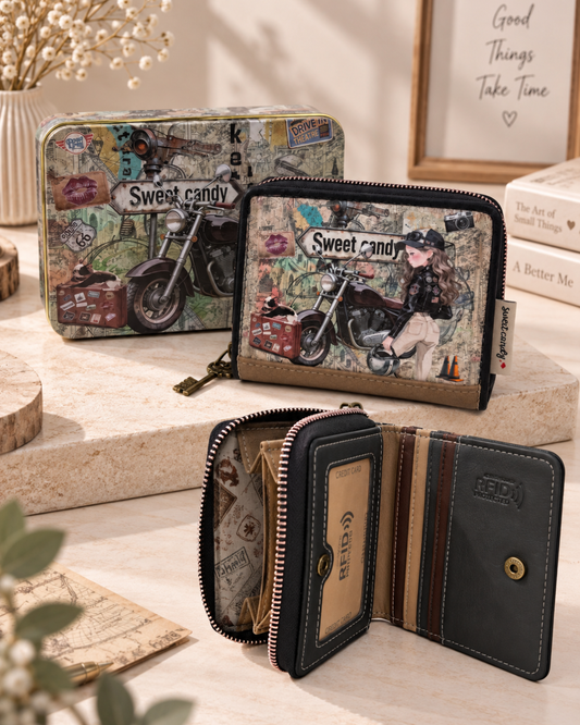 Cartera Sweet Candy Moto Vintage para mujer con chica y motocicleta, caja metálica a juego y protección RFID.
