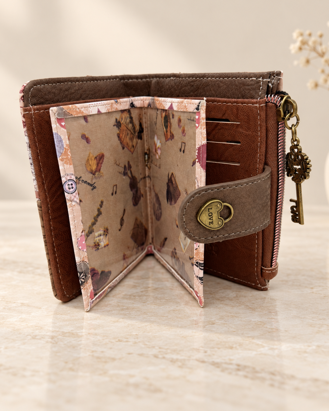 Cartera Sweet Candy abierta con ranuras para tarjetas, ventanas transparentes para documentación e interior marrón