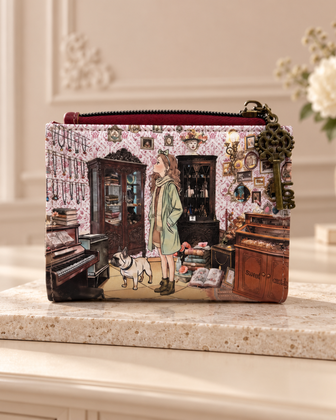 Cartera Sweet Candy con estampado vintage en tonos suaves, cremallera burdeos y colgante metálico en forma de llave.