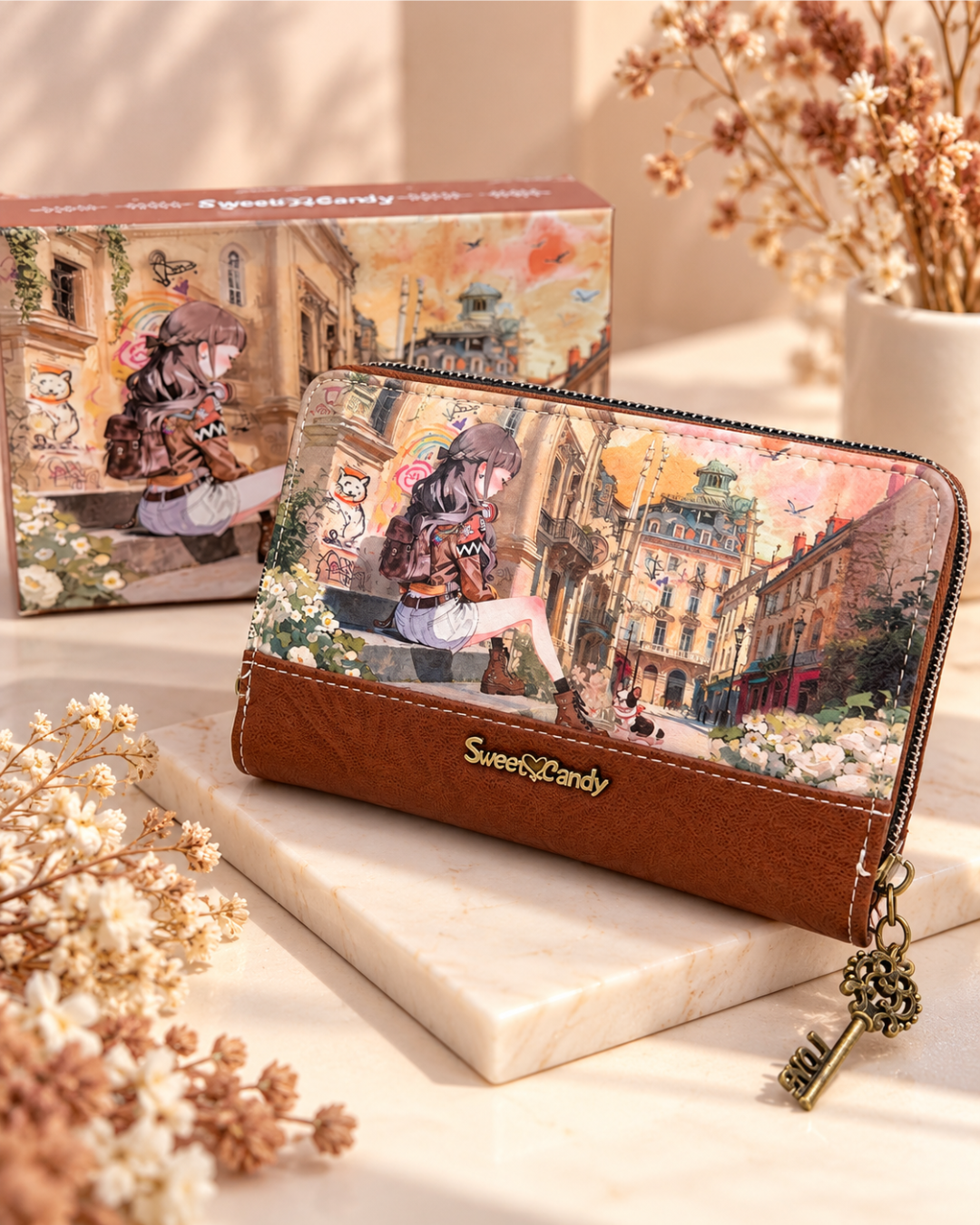 Cartera Sweet Candy de mujer marrón con ilustración urbana, cremallera y colgante metálico de llave.