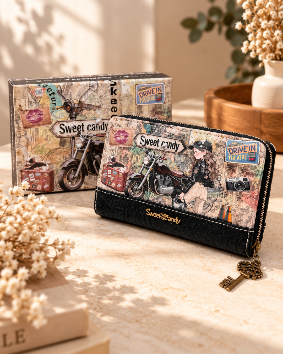 Cartera Sweet Candy de mujer negra con diseño motero, cierre de cremallera y caja a juego.