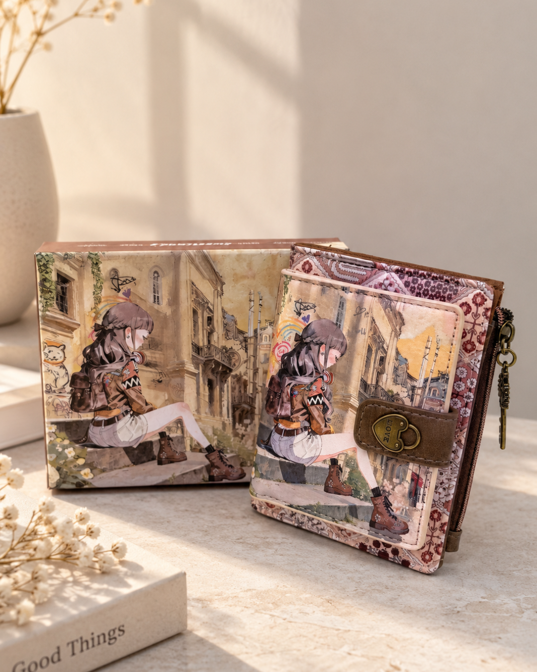 Cartera billetera Sweet Candy de mujer con estampado vintage de chica urbana y caja decorada a juego