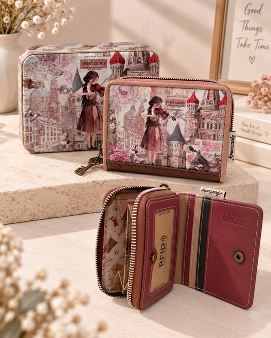 Cartera billetera Sweet Candy roja con ilustración de violinista, caja metálica a juego e interior con tarjeteros y protección RFID.