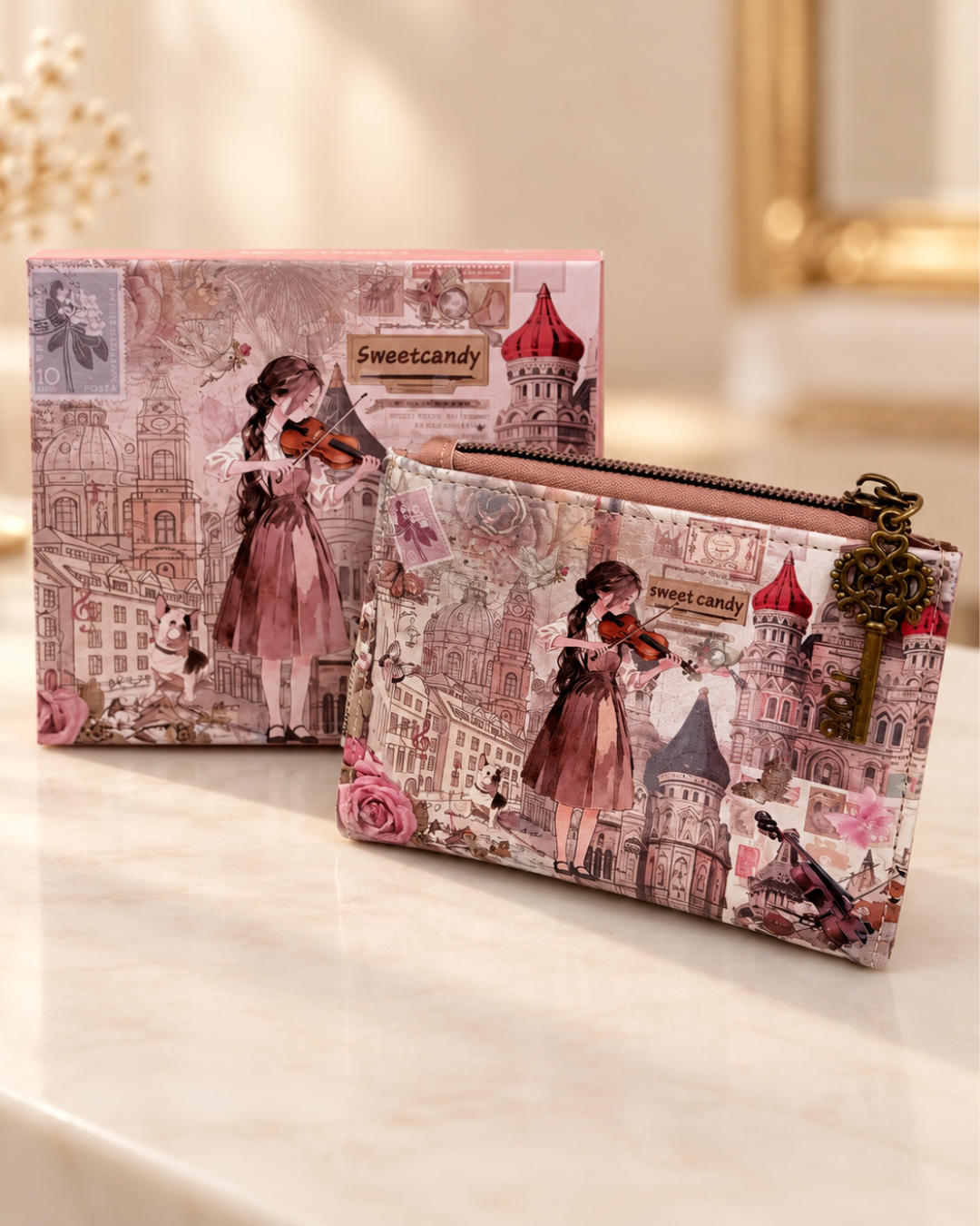 Cartera de mujer Sweet Candy con estampado de violinista en tonos rosa y marrón junto a su caja de regalo a juego.