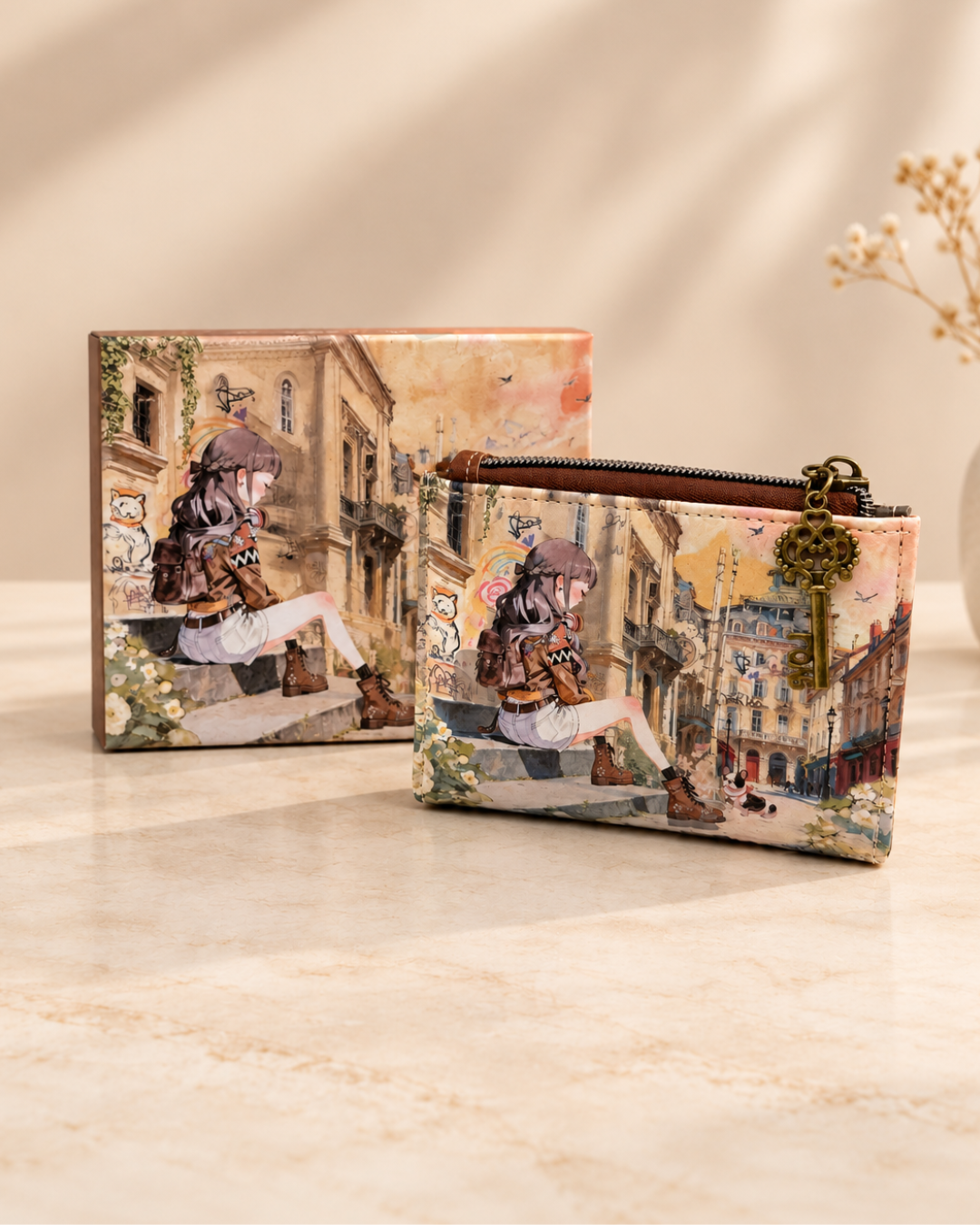 Cartera de mujer Sweet Candy con ilustración de chica en una calle, colgante de llave y caja decorada a juego