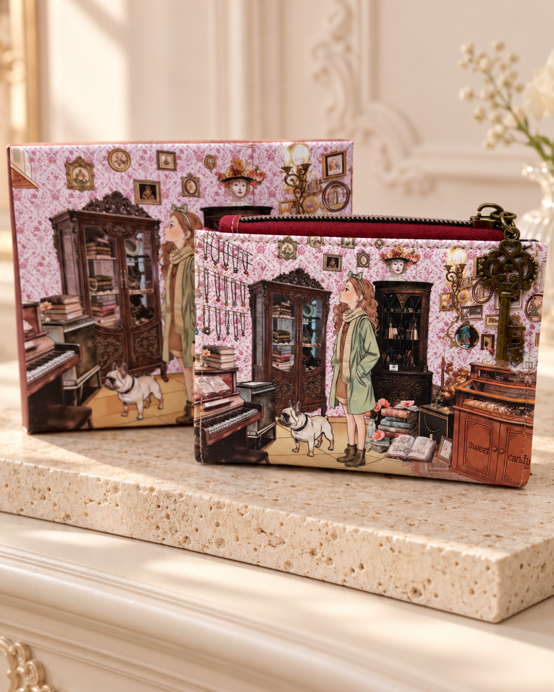 Cartera monedero Sweet Candy con ilustración de tienda de antigüedades, chica y perro, junto a su caja a juego.
