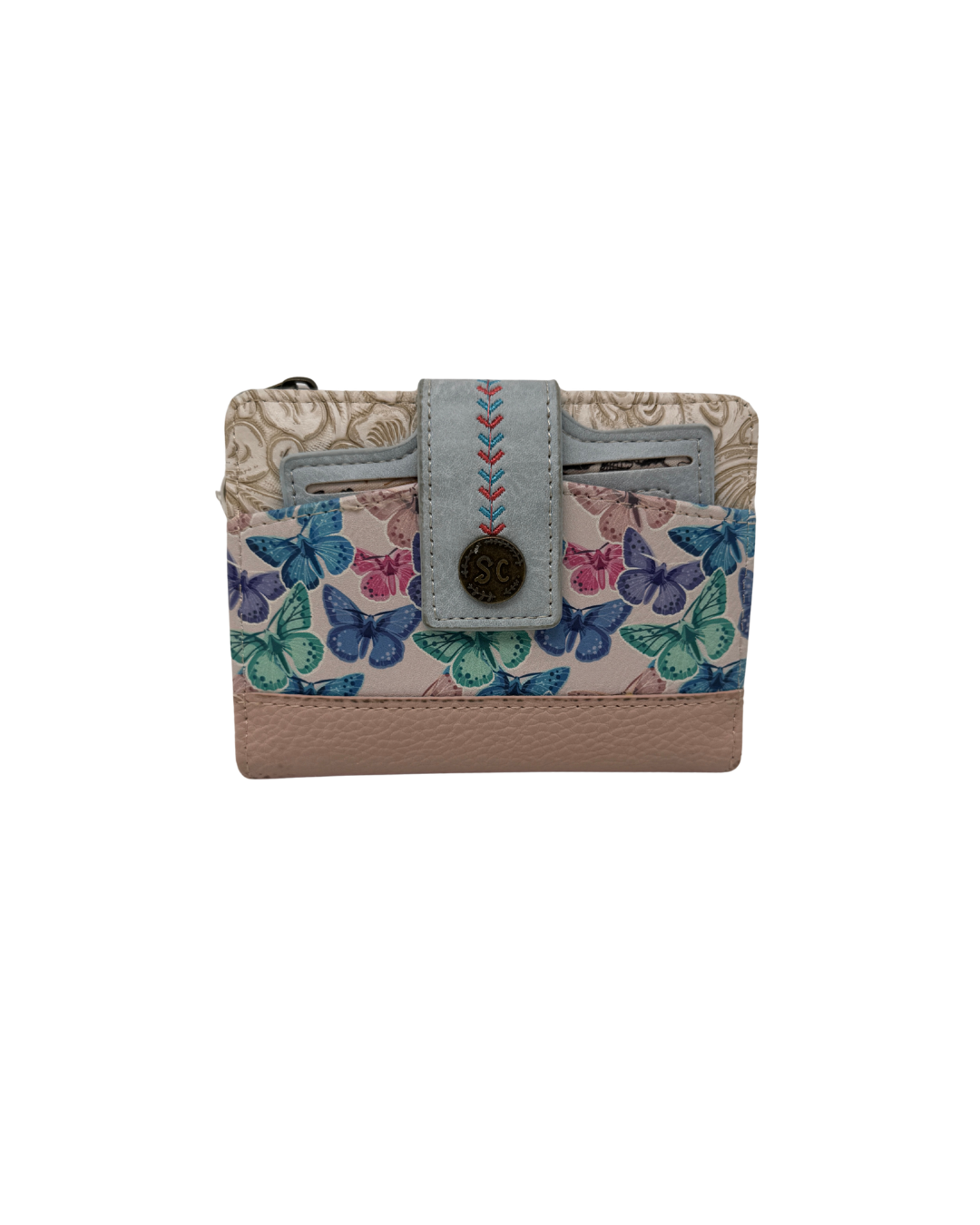 Parte trasera de cartera mediana Sweet Candy con estampado de mariposas azules y cierre de boton