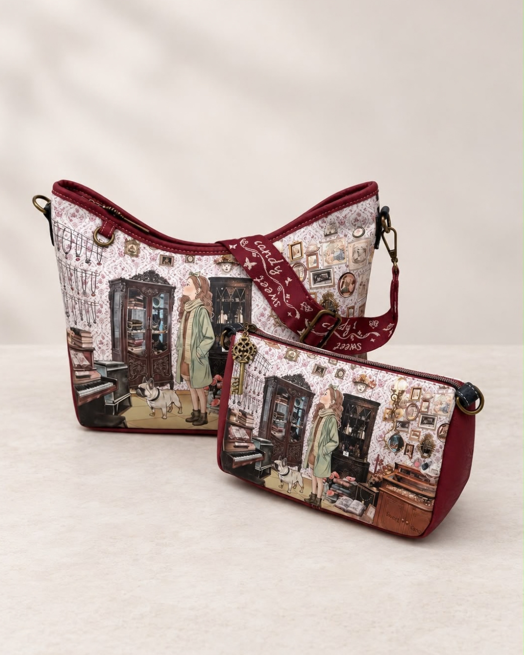 Conjunto Sweet Candy bolso grande y bandolera burdeos para mujer con estampado vintage y correa estampada