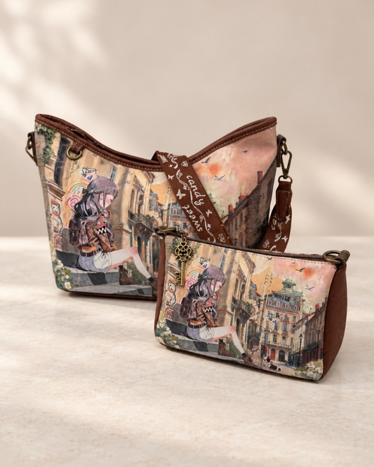 Conjunto Sweet Candy bolso grande y bandolera de mujer con estampado urbano en tonos marrón y beige