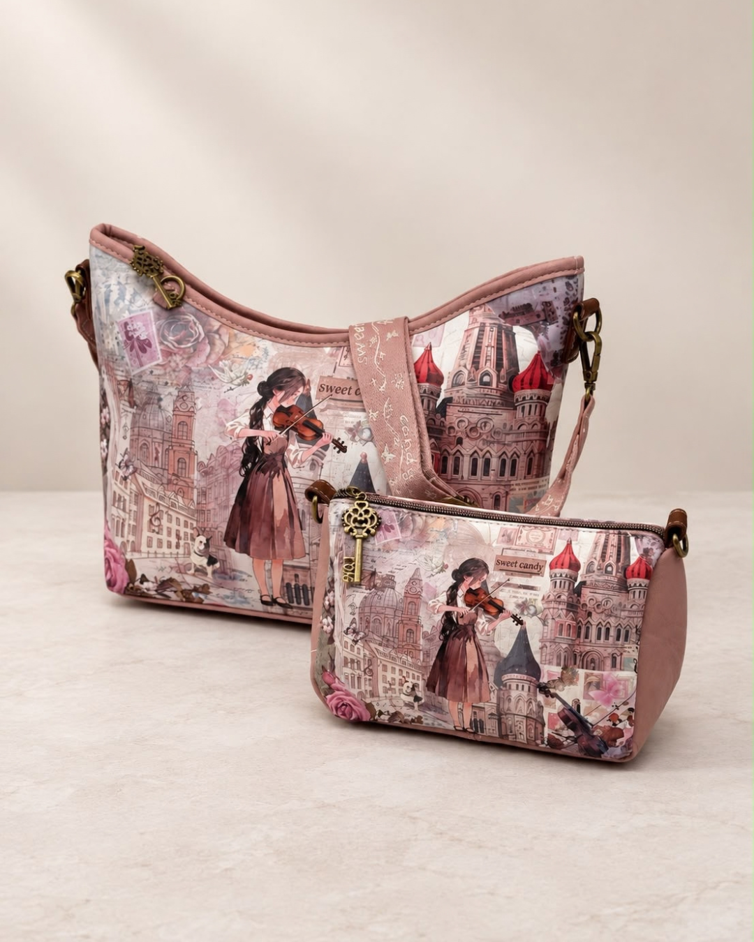 Conjunto Sweet Candy bolso grande y bandolera rosa de mujer con estampado de violinista y estilo vintage