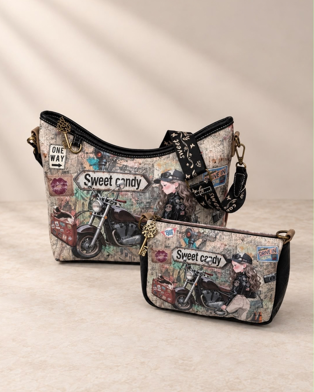 Conjunto Sweet Candy bolso y bandolera mujer con estampado de moto, mapas y diseño urbano
