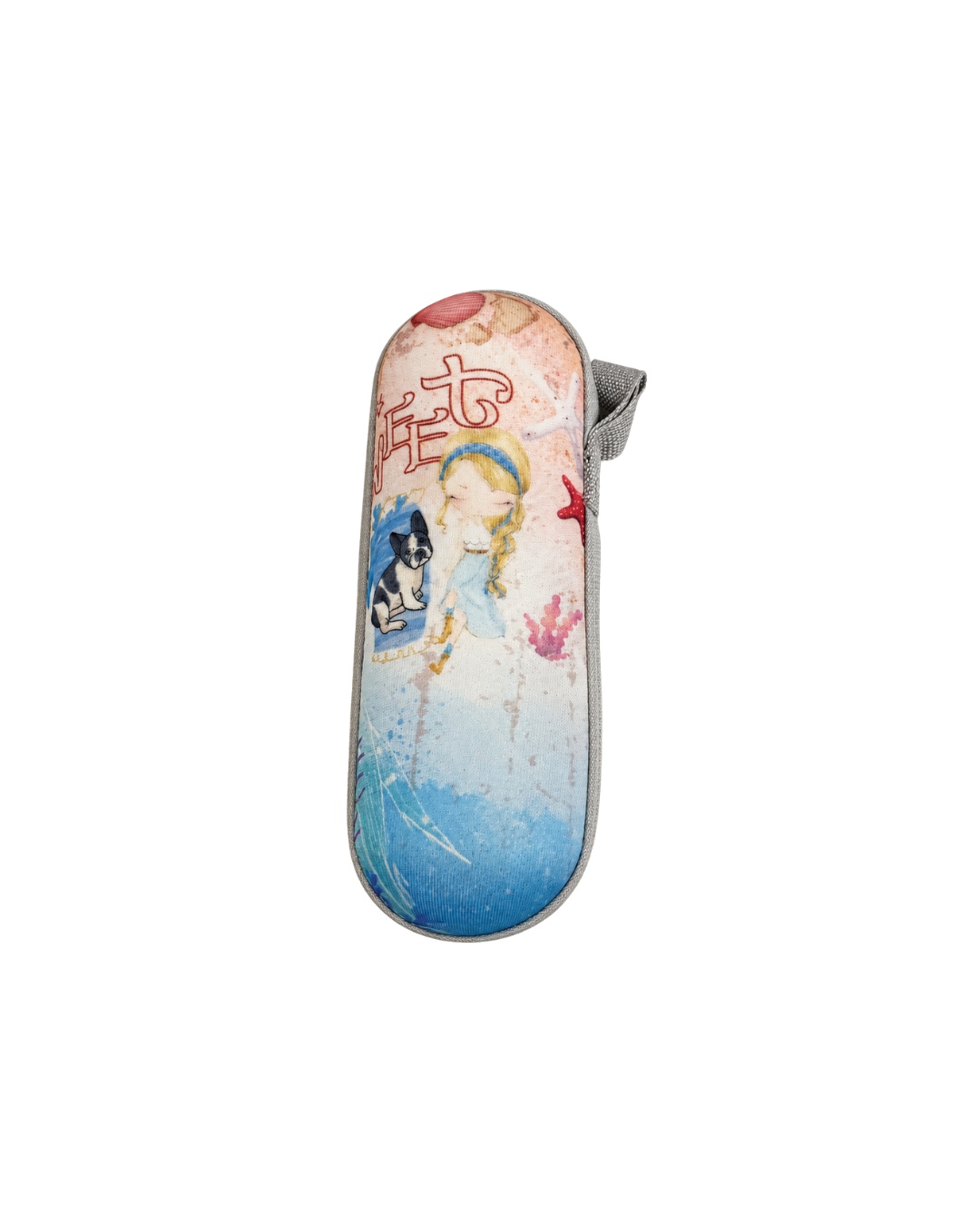 Estuche cerrado del paraguas Sweet Candy con cremallera gris y estampado de niña con perrito en tonos rosa y azul.