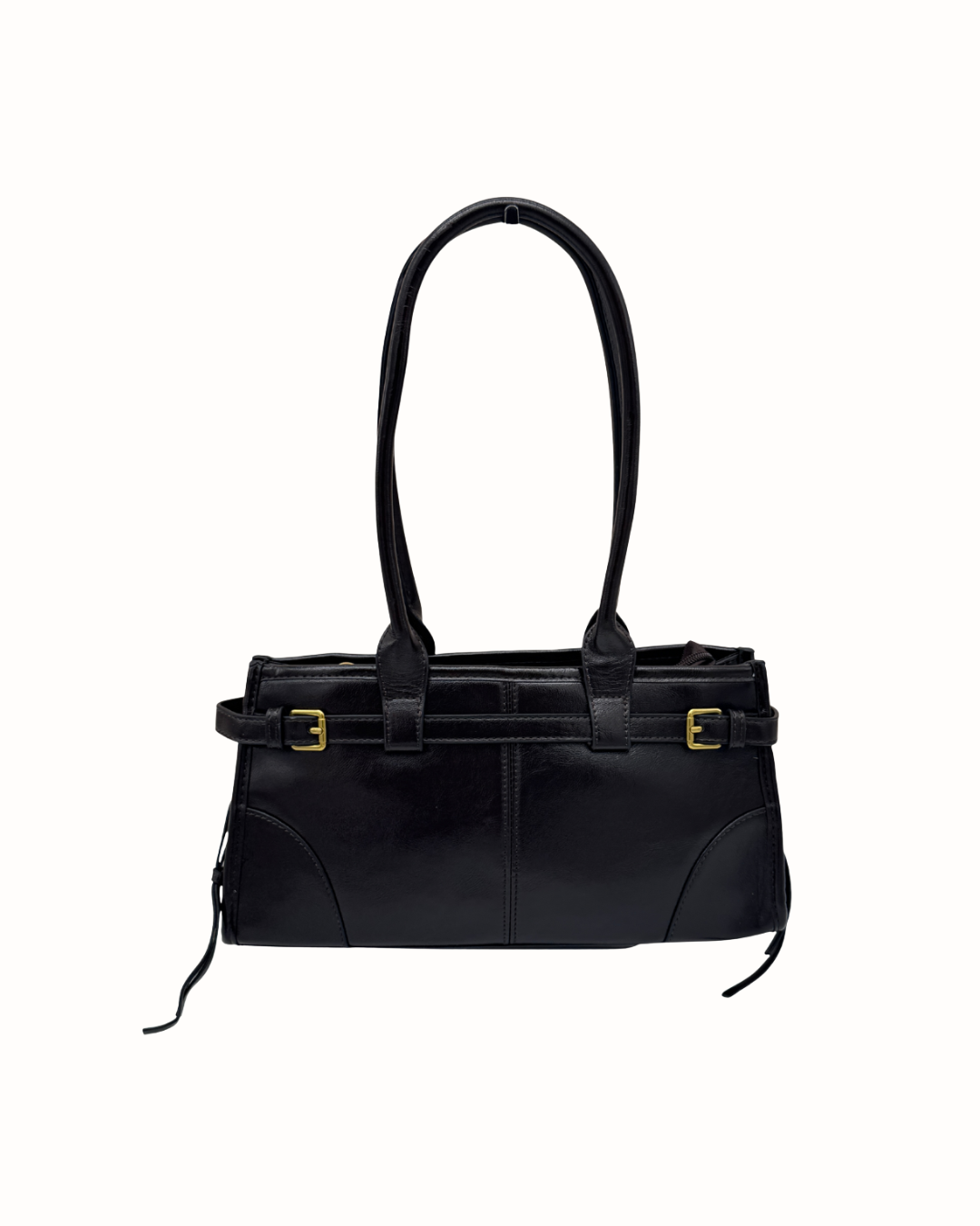 Bolso Shopper Bandolera  Negro de Piel con Hebillas Doradas para Mujer