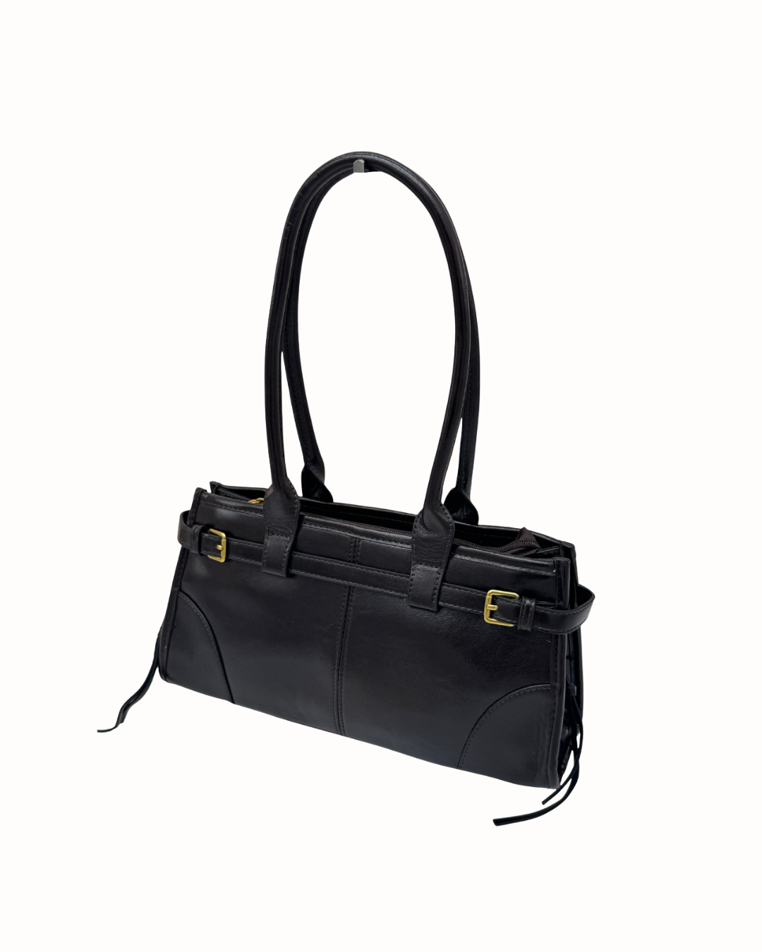 Bolso Shopper Bandolera  Negro de Piel con Hebillas Doradas para Mujer