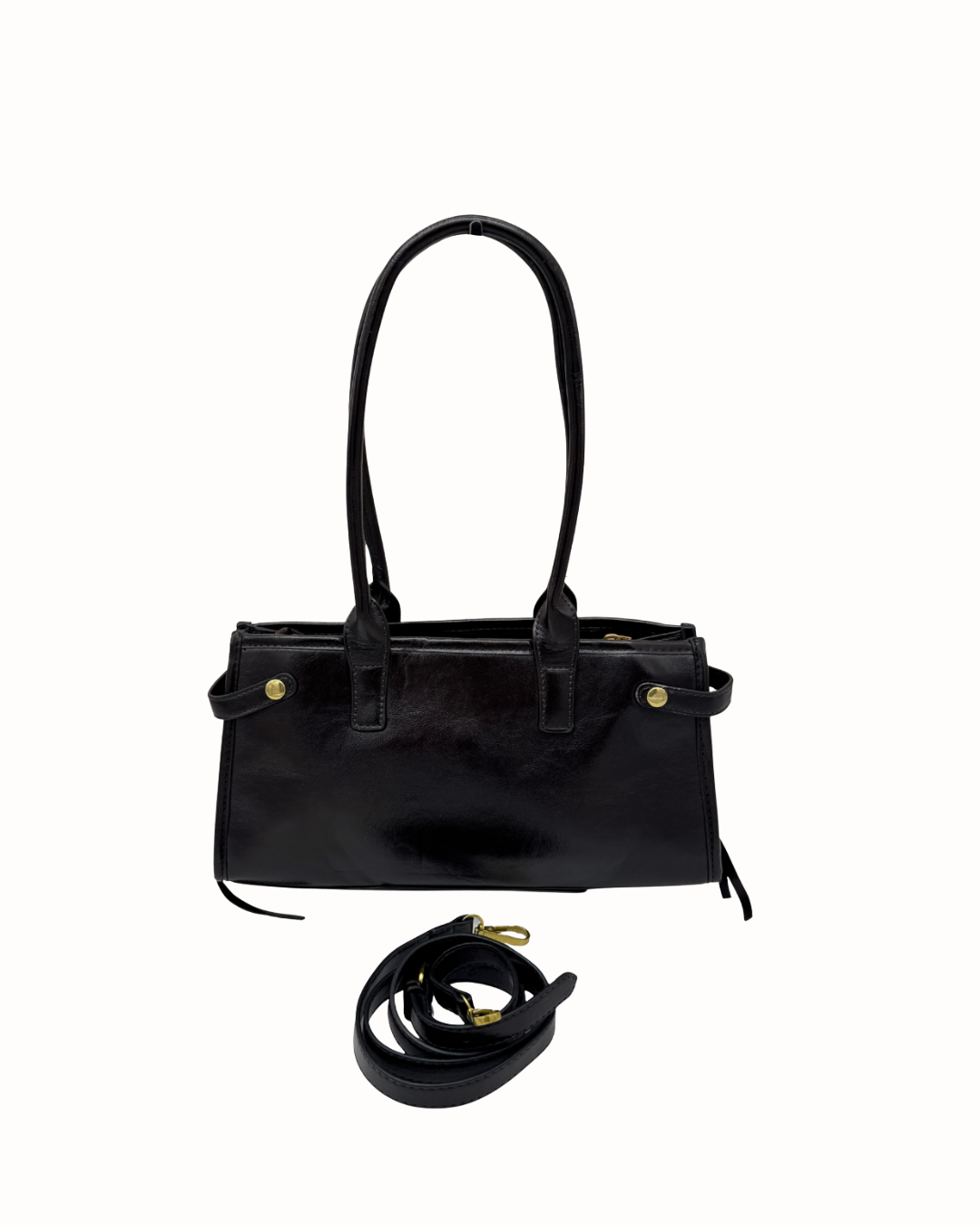 Bolso Shopper Bandolera  Negro de Piel con Hebillas Doradas para Mujer