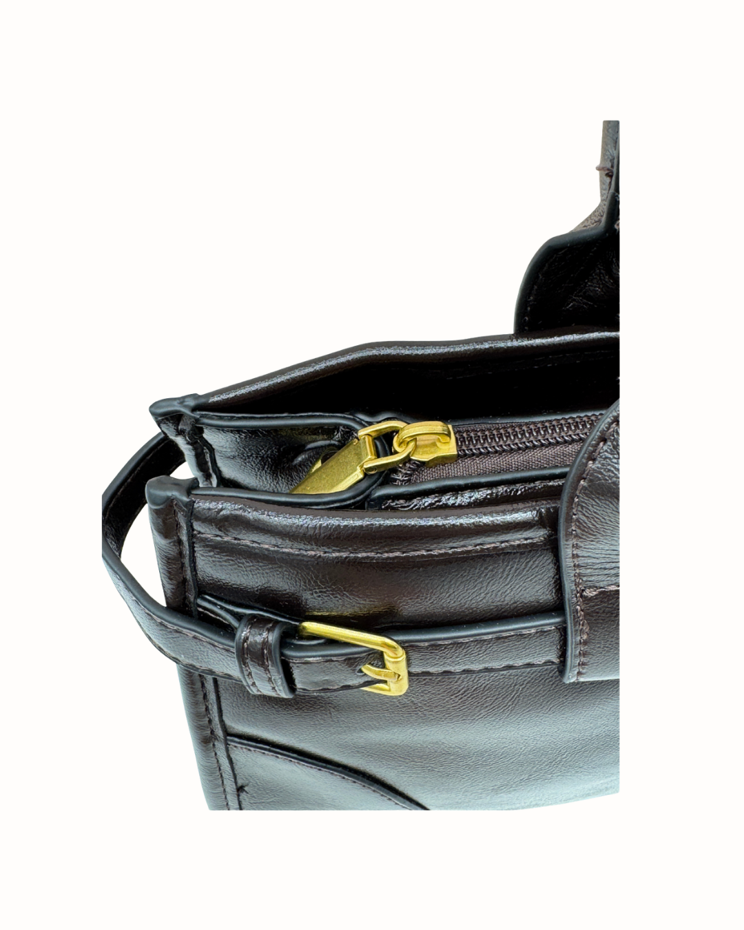Bolso Shopper Bandolera  Negro de Piel con Hebillas Doradas para Mujer