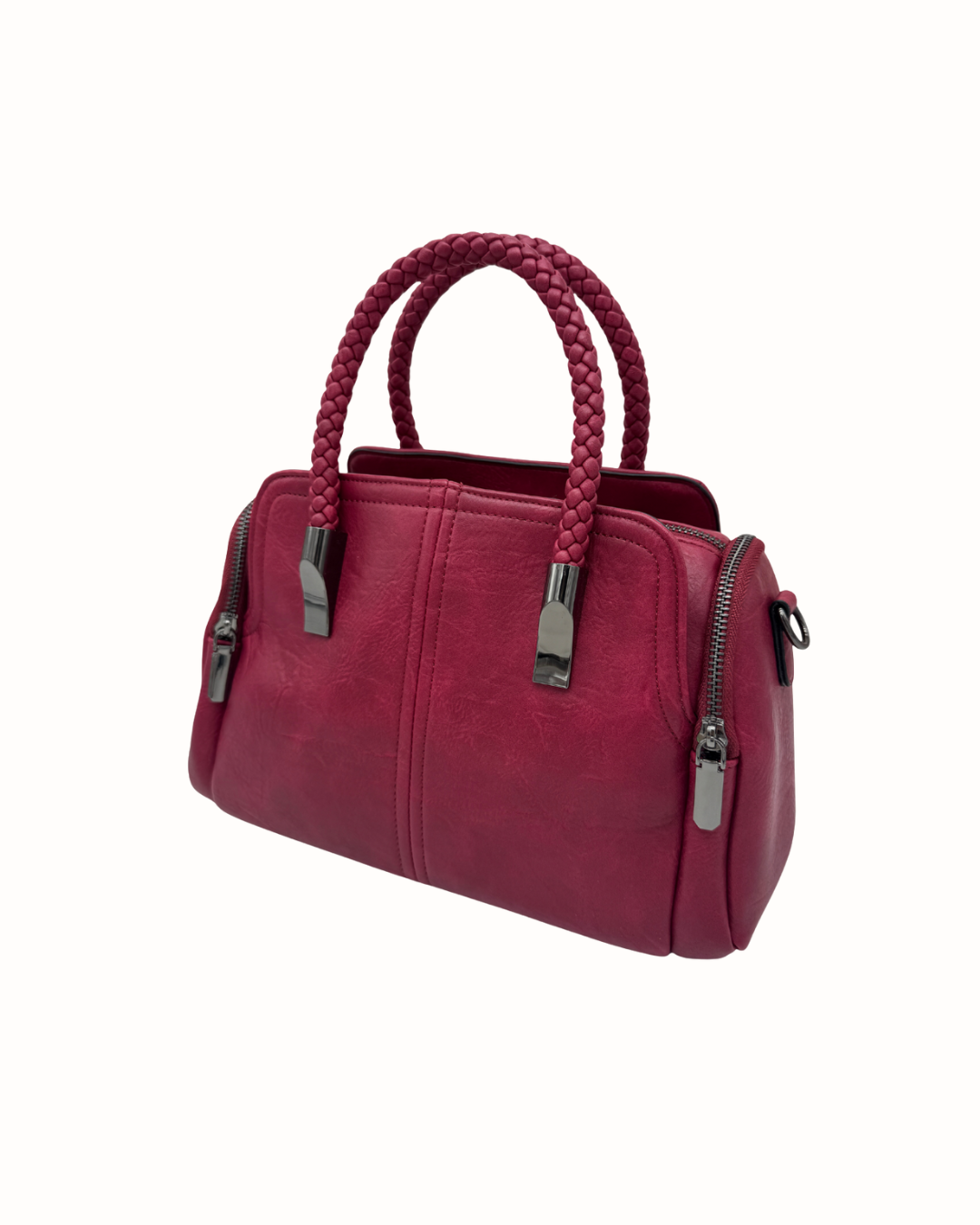 Bolso de Mano y Bandolera con Asas Trenzadas y Cremalleras Laterales - Color Buganvilla