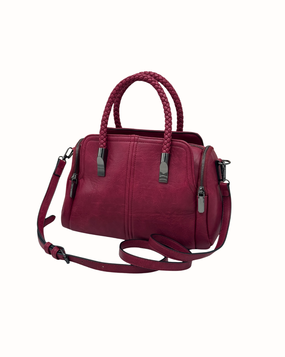 Bolso de Mano y Bandolera con Asas Trenzadas y Cremalleras Laterales - Color Buganvilla