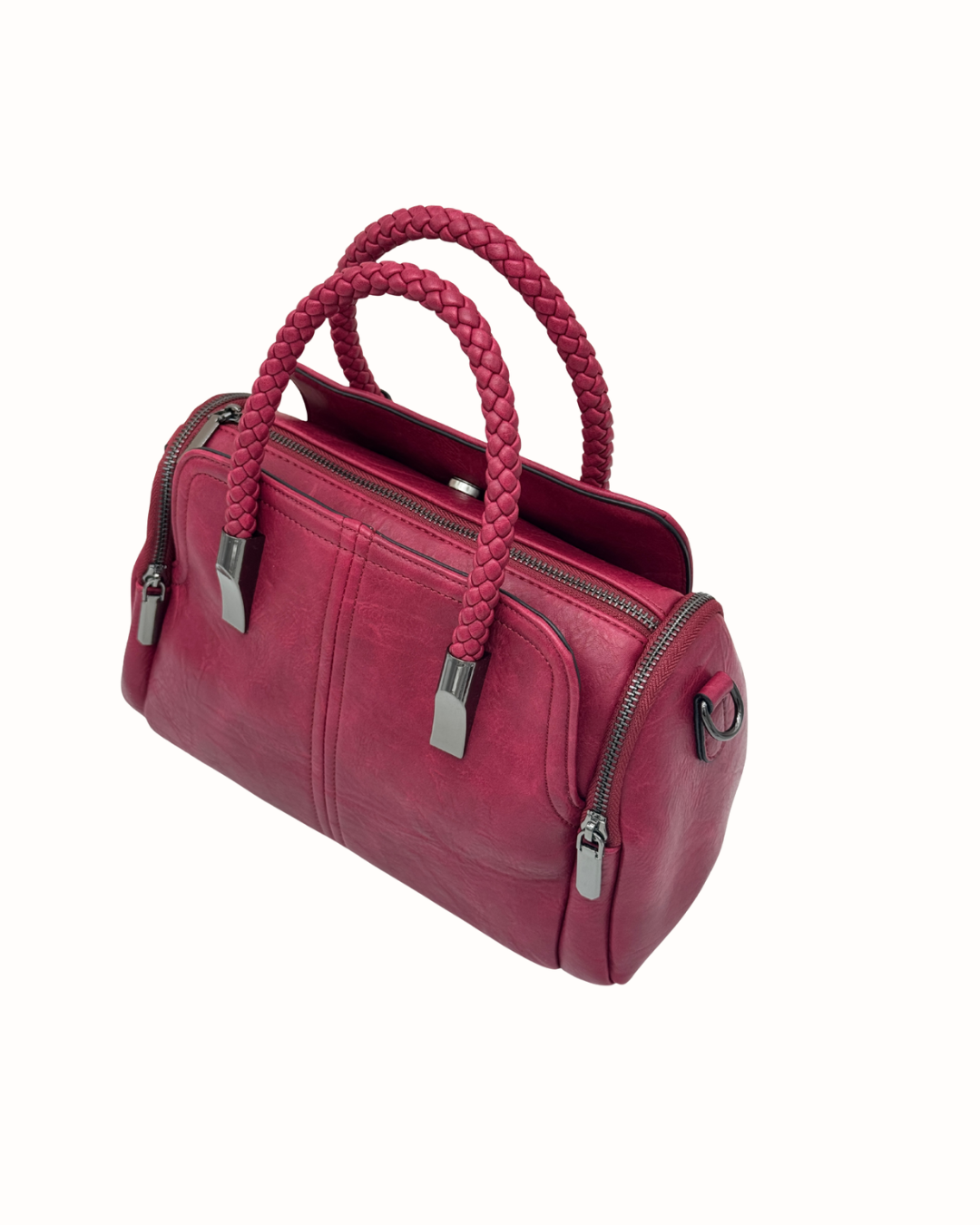 Bolso de Mano y Bandolera con Asas Trenzadas y Cremalleras Laterales - Color Buganvilla