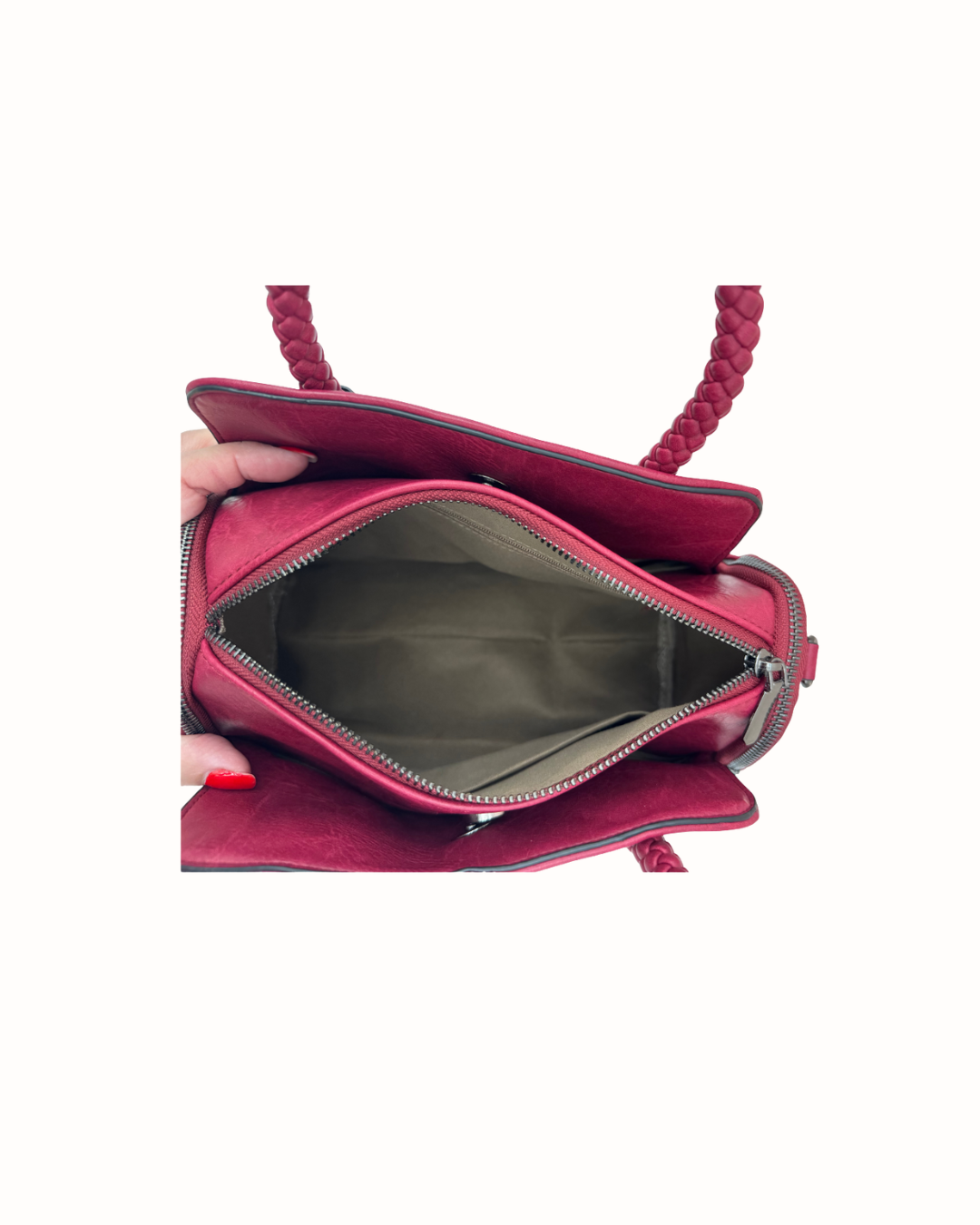 Bolso de Mano y Bandolera con Asas Trenzadas y Cremalleras Laterales - Color Buganvilla