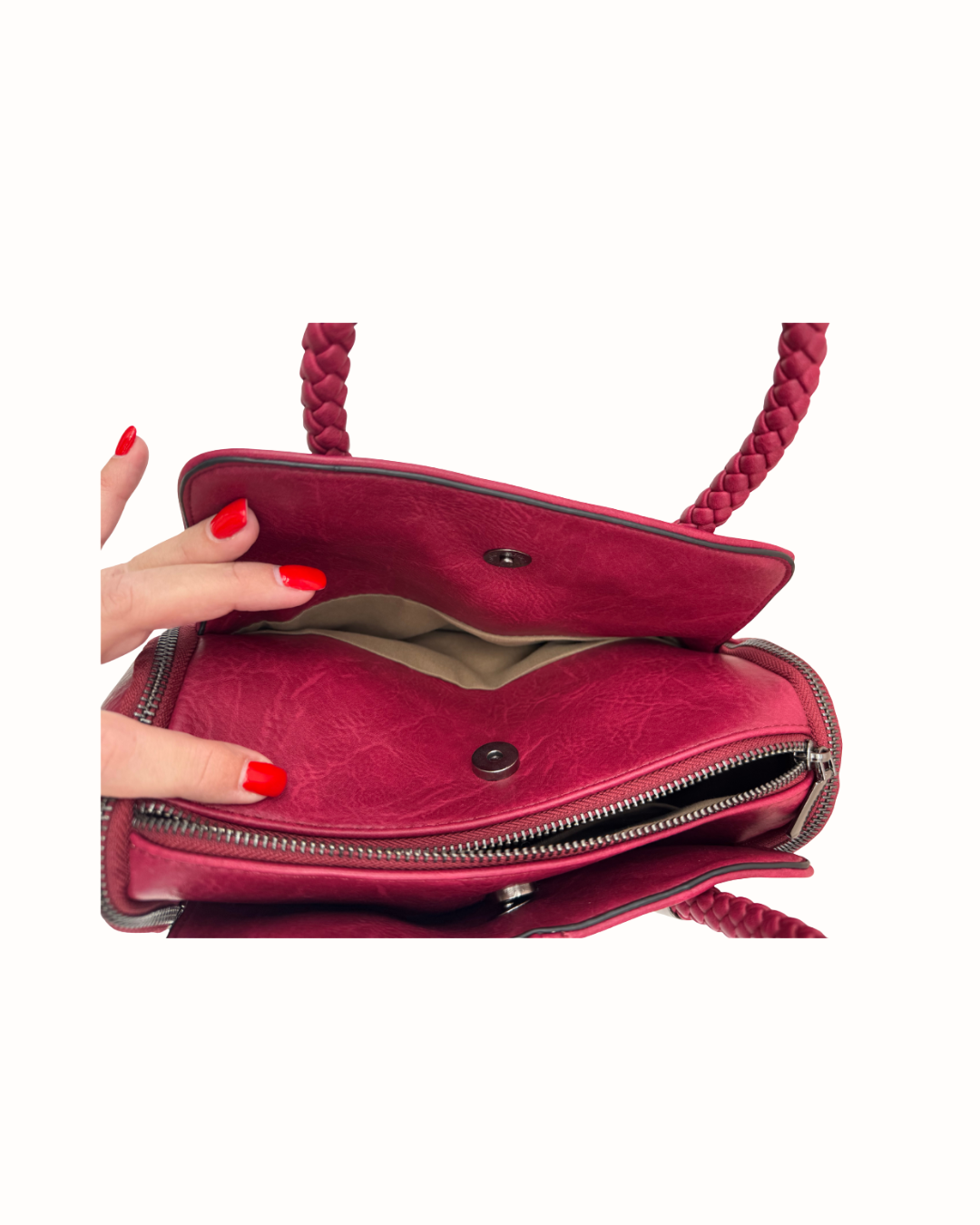 Bolso de Mano y Bandolera con Asas Trenzadas y Cremalleras Laterales - Color Buganvilla