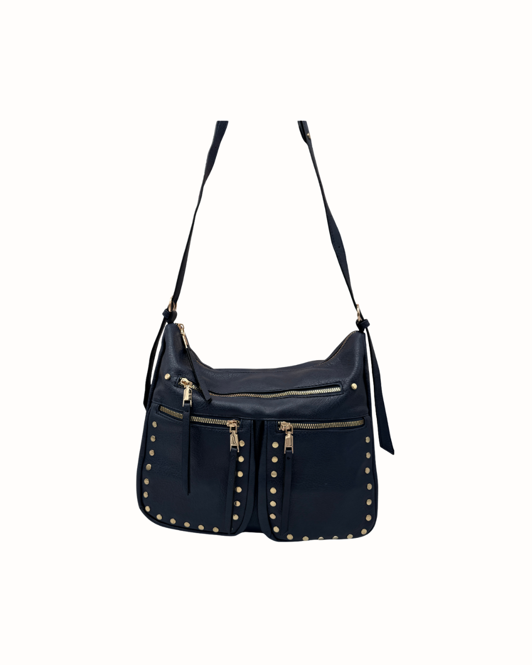 Bolso Bandolera Azul Marino con Tachuelas y Múltiples Bolsillos