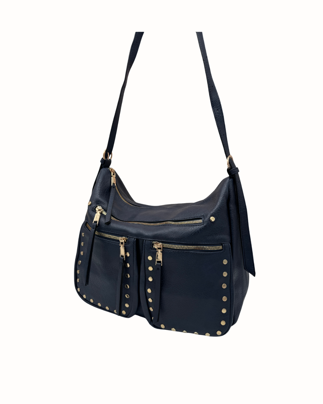 Bolso Bandolera Azul Marino con Tachuelas y Múltiples Bolsillos