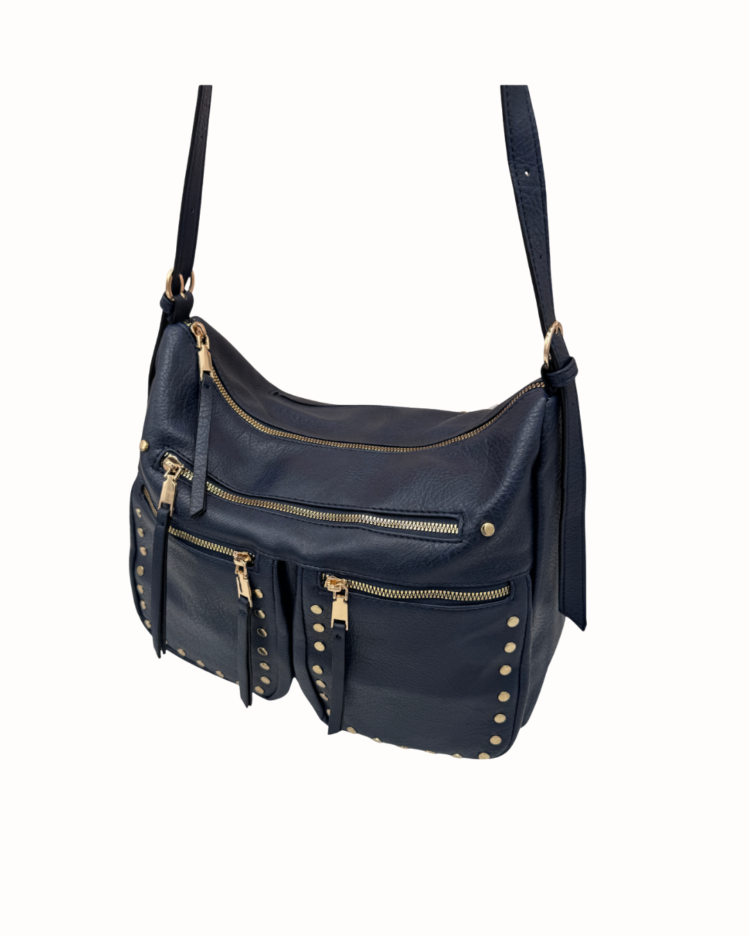 Bolso Bandolera Azul Marino con Tachuelas y Múltiples Bolsillos