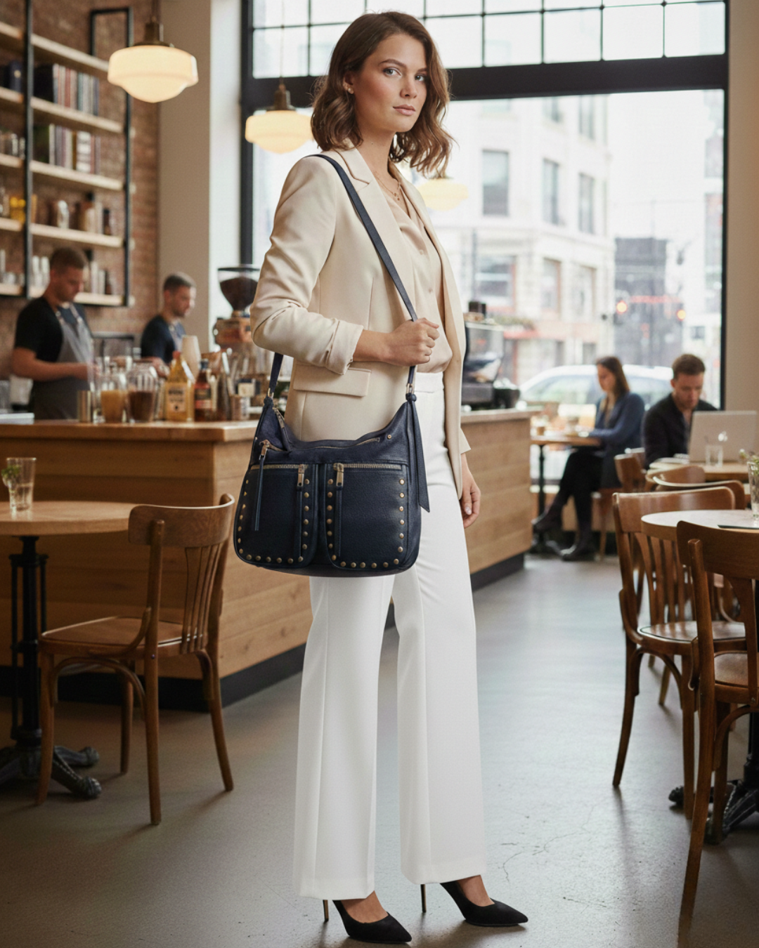 Bolso Bandolera Azul Marino con Tachuelas y Múltiples Bolsillos