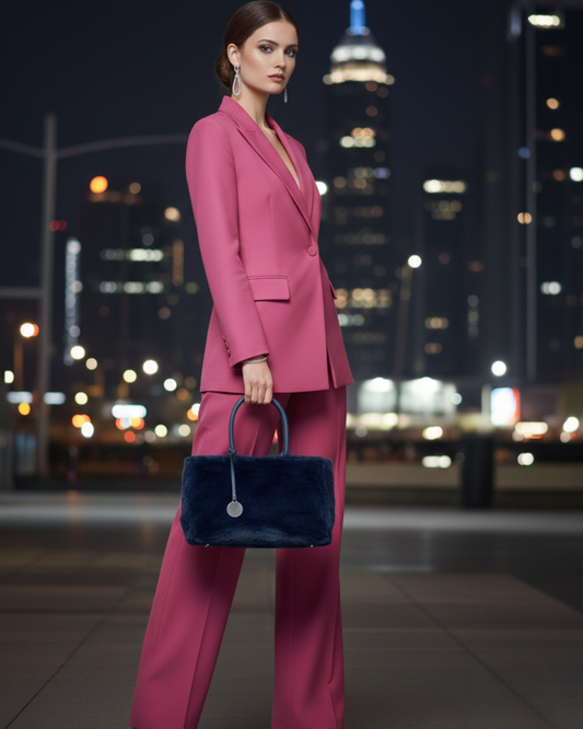 Bolso de Mano y Bandolera de Pelo Sintético Navy | Textura Suave